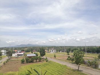 High angle view of field against sky