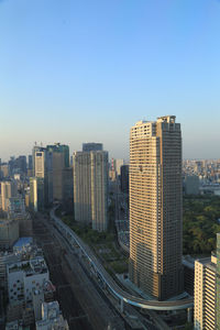 High angle view of buildings against clear sky