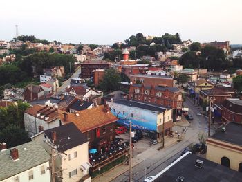 High angle view of houses against sky