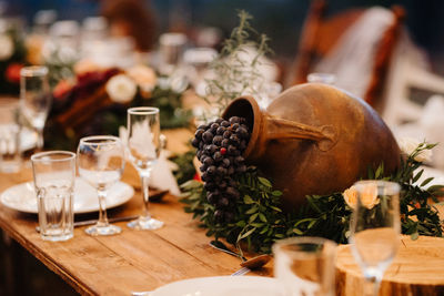 View of wine and glasses on table at restaurant