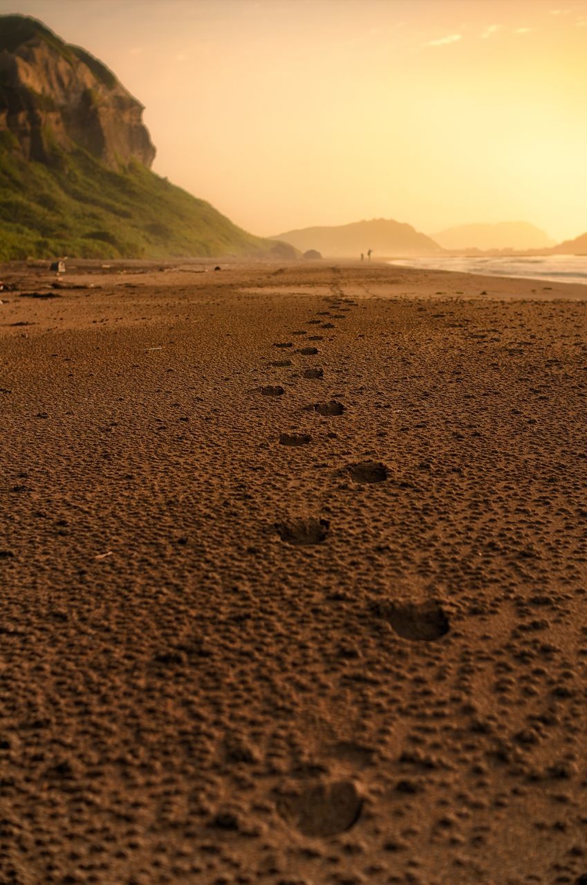 sand, sand dune, tranquil scene, desert, tranquility, landscape, scenics, arid climate, beauty in nature, beach, nature, sunset, sky, remote, non-urban scene, barren, idyllic, sunlight, footprint, horizon over land