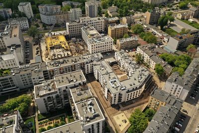 High angle view of buildings in city