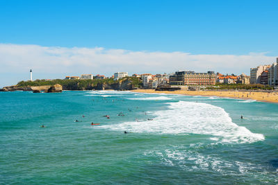 Scenic view of sea against clear blue sky