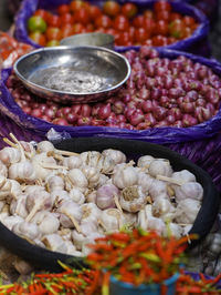 High angle view of food for sale at market stall