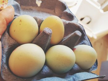 High angle view of eggs in container