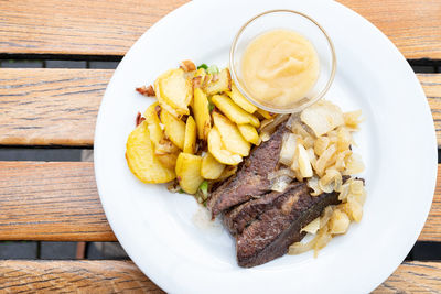 High angle view of food in plate on table