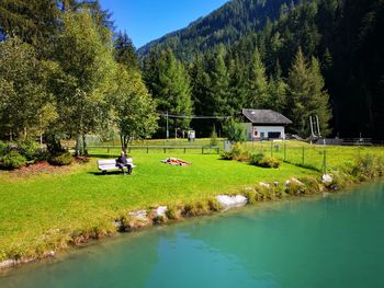 Scenic view of lake and trees by houses