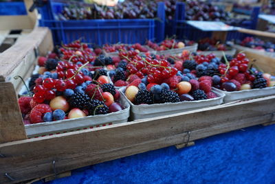 Various fruits in container at market stall