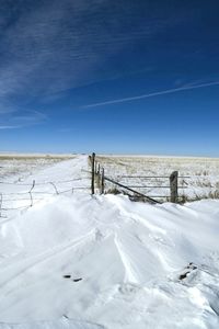 Scenic view of snow covered field against blue sky