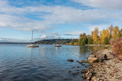 Sailboats in lake against sky