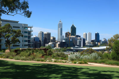 City skyline against blue sky