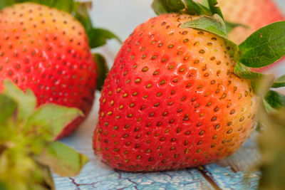 Close-up of strawberries on table