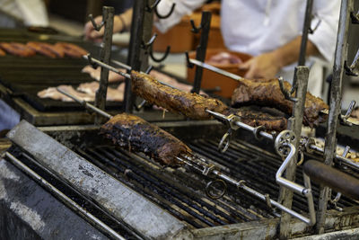 Close-up of meat on barbecue grill