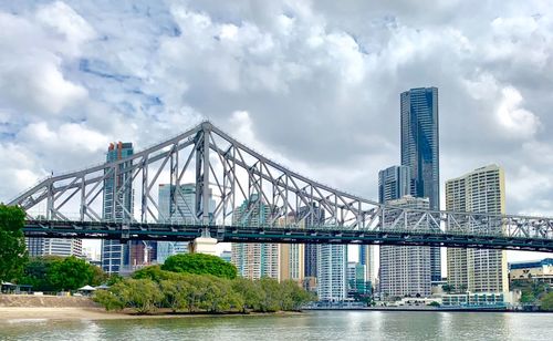 Bridge over river by buildings against sky