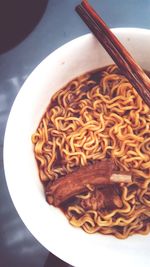 High angle view of noodles in bowl on table