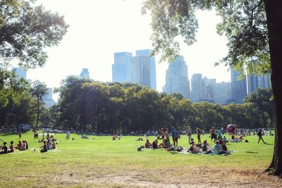 People relaxing in park