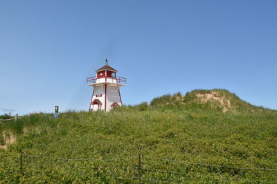 Lighthouse on field by building against clear blue sky