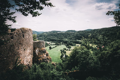 Panoramic view of trees and buildings against sky