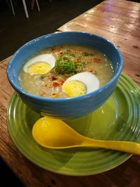 High angle view of soup in bowl on table