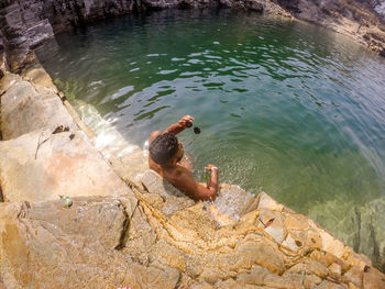 High angle view of duck swimming in lake