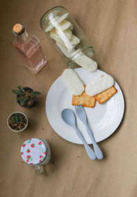 High angle view of ice cream in glass on table