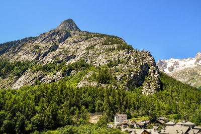 Rooftop view of the mountain village at the foot of mount chetif with the mont blanc mountain range 