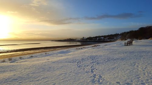 Scenic view of beach against sky during sunset