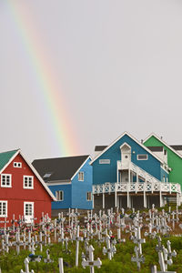 Rainbow over buildings in city against sky