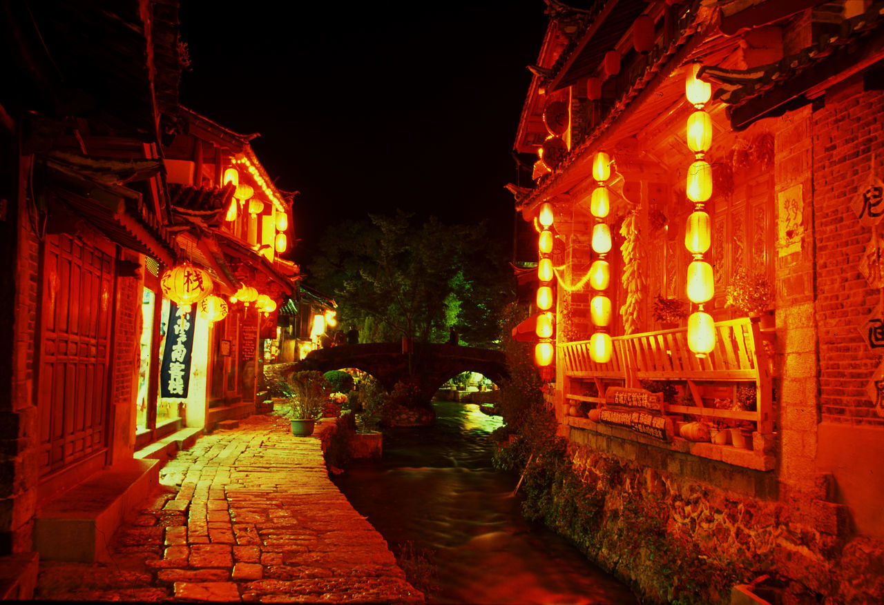 architecture, night, illuminated, built structure, building exterior, light, darkness, building, evening, lighting equipment, street, city, lantern, lighting, no people, the way forward, alley, tradition, residential district, celebration, chinese lantern, nature, travel destinations, outdoors, red, footpath, decoration