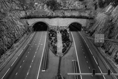 High angle view of bridge over road in city