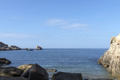 Scenic view of sea against clear blue sky