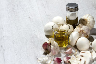 High angle view of wine bottles on table