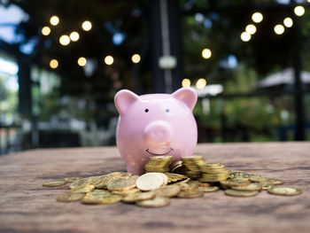 Close-up of coins on table