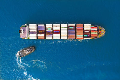 Aerial top view container ship full load container for logistics import export.