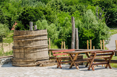 Empty bench on wooden bench