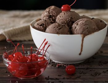 Close-up of ice cream in bowl on table