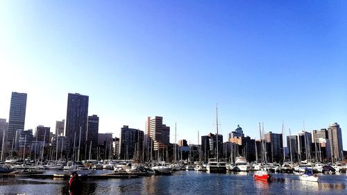 Sailboats in city by buildings against clear sky