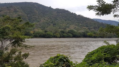 Scenic view of river by mountains against sky