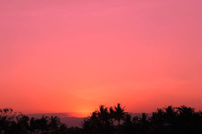 Silhouette trees against dramatic sky during sunset