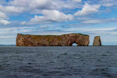 Rock formations by sea against sky