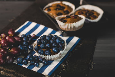 Close-up of blueberries in muffins on table
