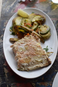 High angle view of food in plate on table