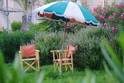 Chairs on grass against plants