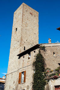 Low angle view of bird on building against blue sky