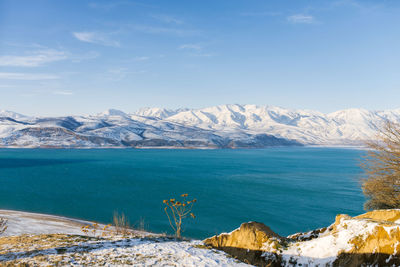 Amazing beautiful winter landscape of charvak reservoir in uzbekistan in winter