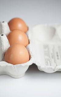 Close-up of eggs on white background