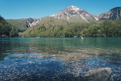 Scenic view of lake and mountains against sky