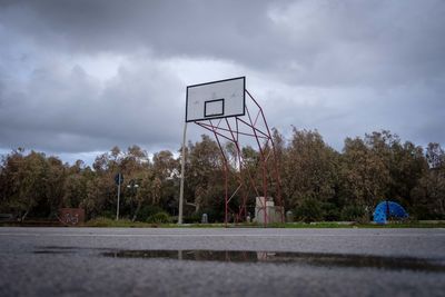 Low angle view of basketball hoop against sky