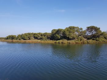 Scenic view of lake against clear blue sky