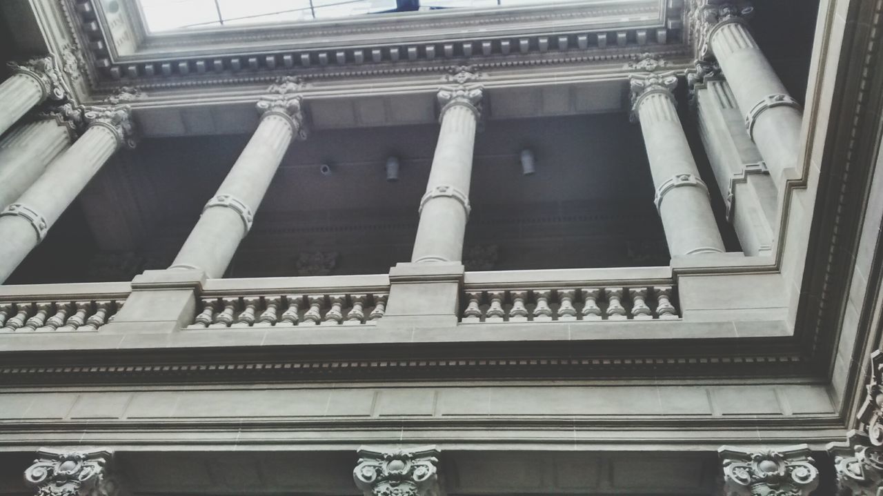 architecture, low angle view, built structure, building exterior, architectural column, ornate, building, architectural feature, history, window, column, indoors, design, no people, day, pattern, arch, railing, staircase, steps